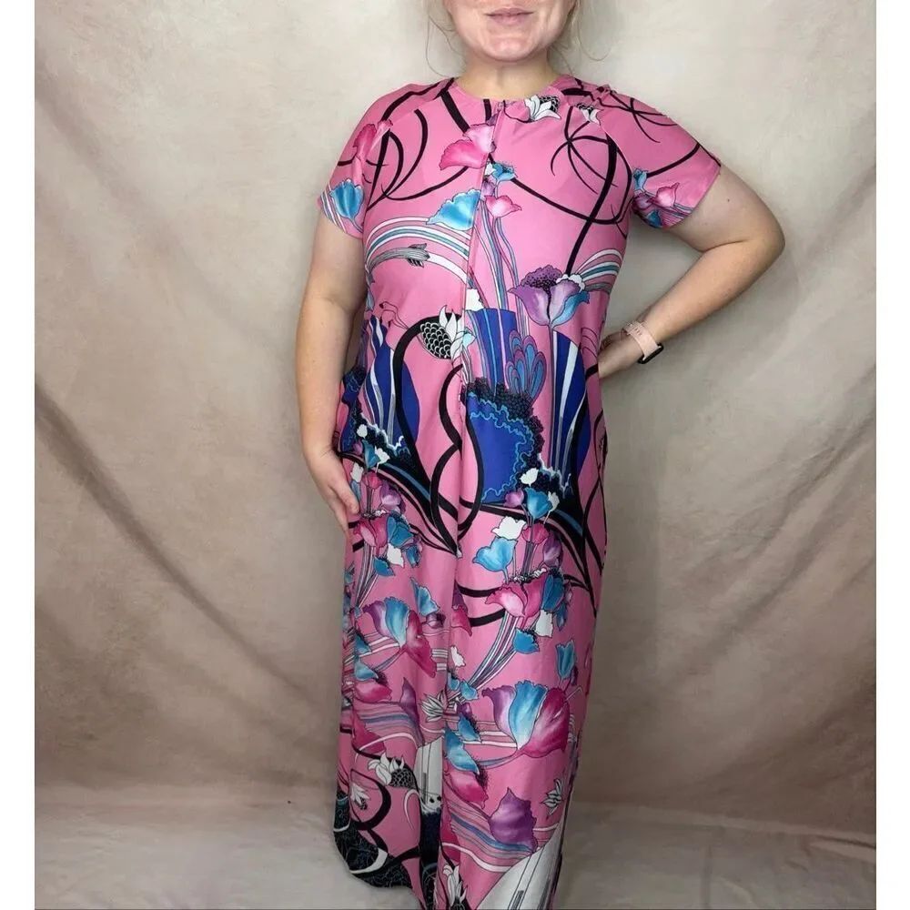 Vintage 90s does 70s Plus Size Caftan Groovy L XL Floral Psychedelic MCM READ